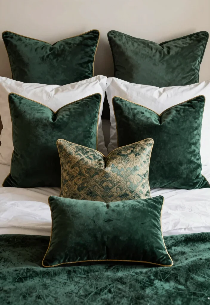 16 Dark Green and Gold Bedroom Ideas Rich and Luxurious - 9. Dark Green Throw Pillows 1