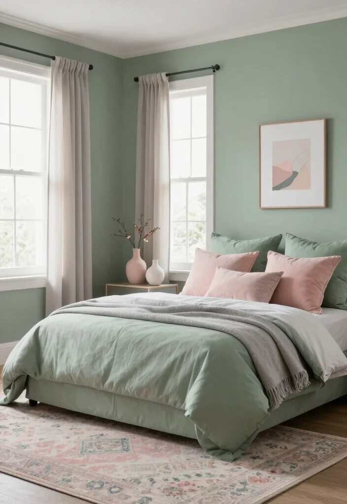 16 Sage Green Farmhouse Bedroom Ideas Cozy Rustic Charm - 10. Soft Color Combinations 1