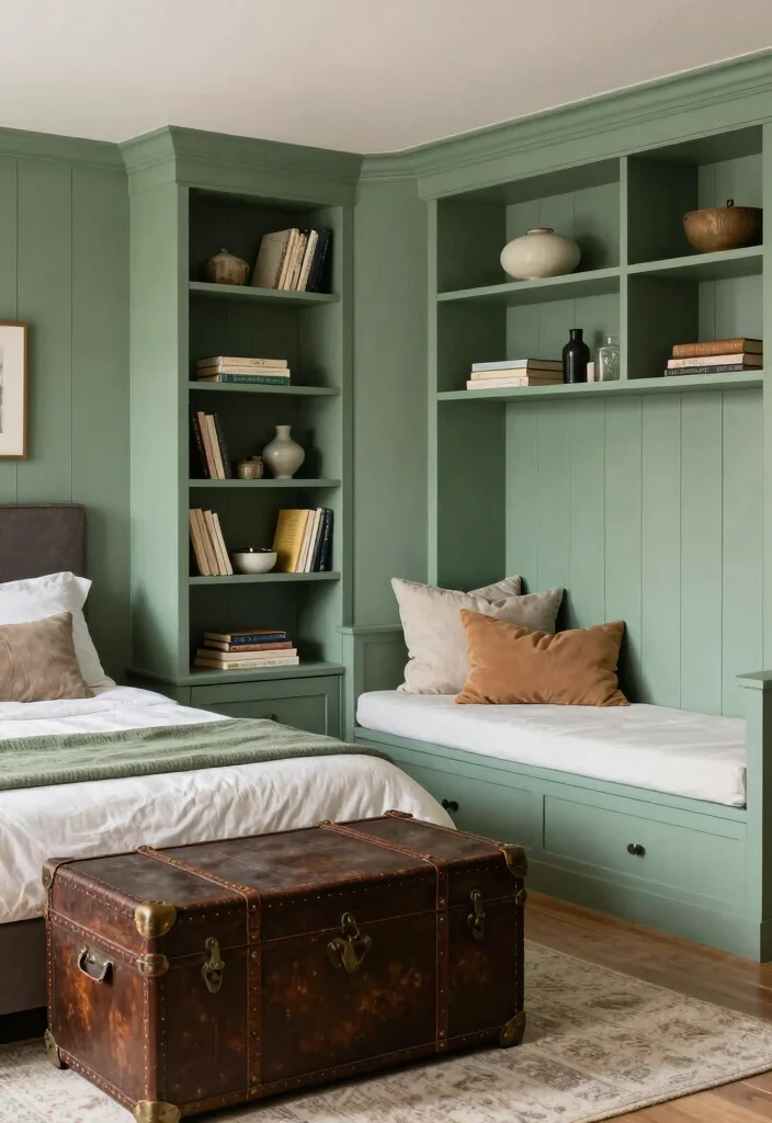 16 Sage Green Farmhouse Bedroom Ideas Cozy Rustic Charm - 11. Functional Space with Multi-Purpose Furniture 1