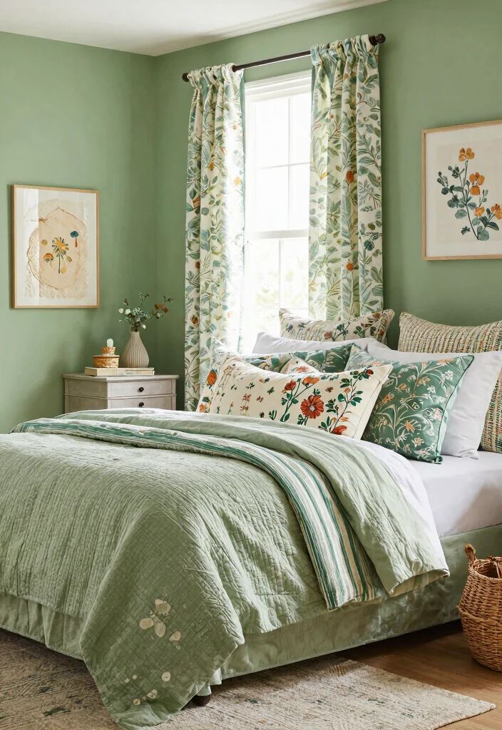 16 Sage Green Farmhouse Bedroom Ideas Cozy Rustic Charm - 16. Play with Patterns and Textures 1