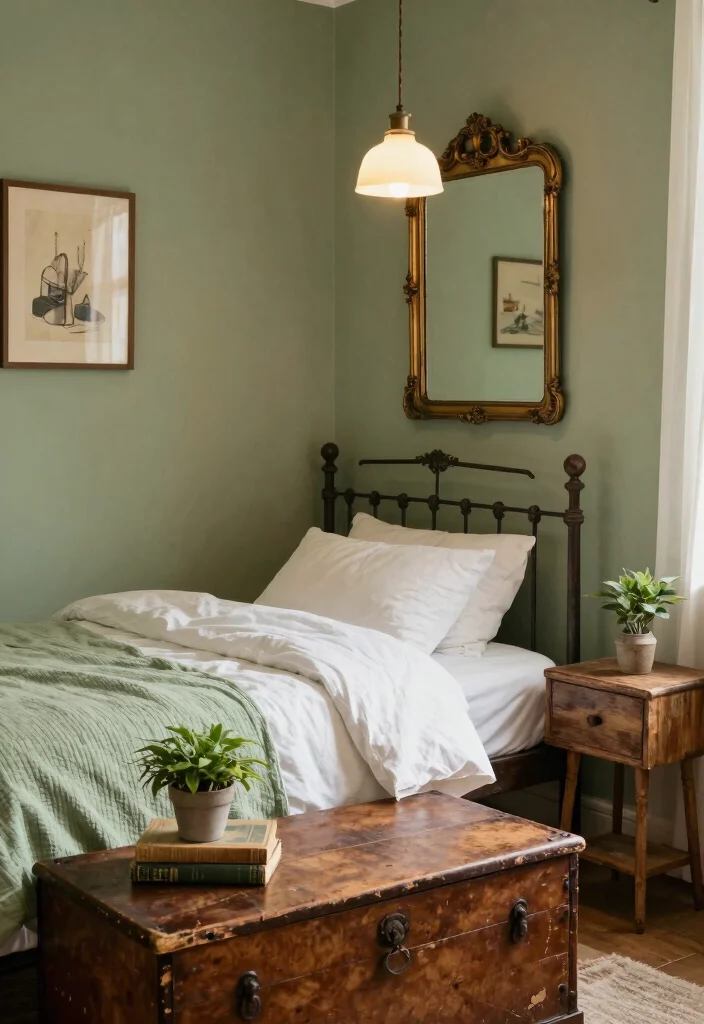 16 Sage Green Farmhouse Bedroom Ideas Cozy Rustic Charm - 2. Vintage Accents for a Timeless Touch 1