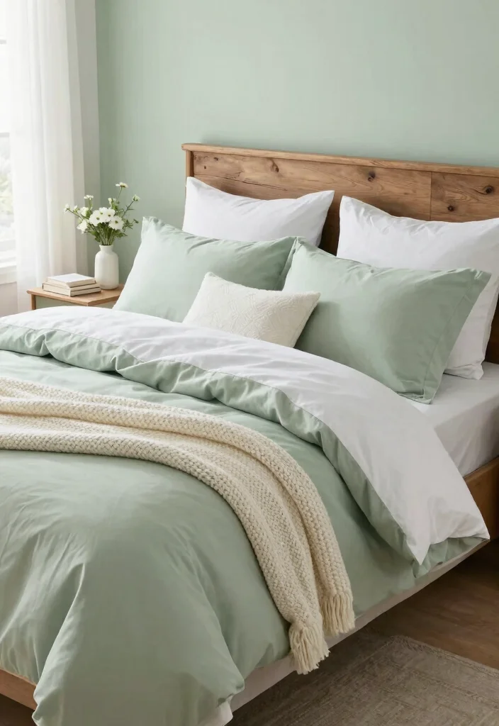 16 Sage Green Farmhouse Bedroom Ideas Cozy Rustic Charm - 3. Cozy Layered Bedding 1