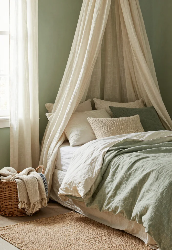 16 Sage Green Farmhouse Bedroom Ideas Cozy Rustic Charm - 5. Natural Textiles for Comfort 1