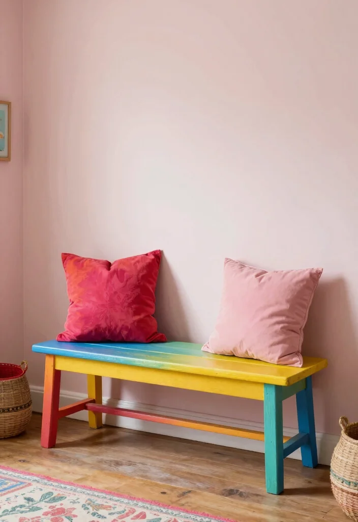 17 Bedroom Bench With Storage Ideas: Practical and Elegant - 8. Colorful Painted Bench 1