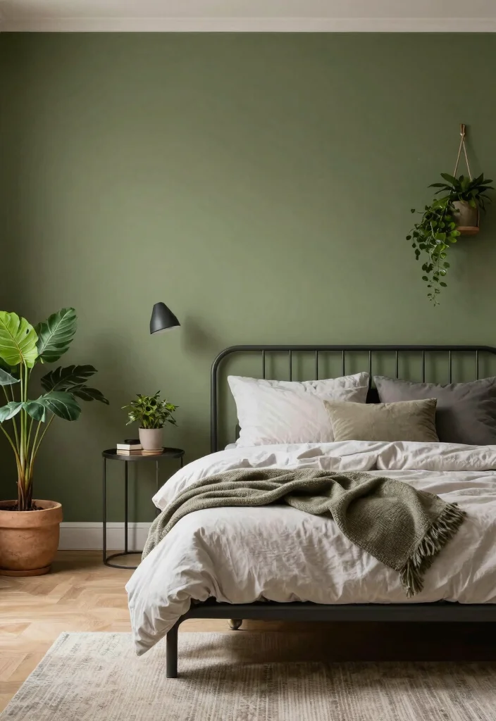 17 Olive Green Accent Wall Bedroom Ideas Earthy and Modern - 11. Urban Oasis 1