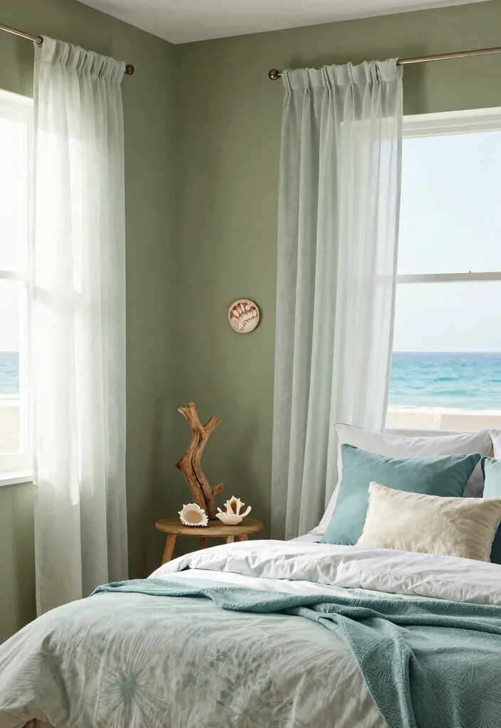 17 Olive Green Accent Wall Bedroom Ideas Earthy and Modern - 12. Coastal Calm 1