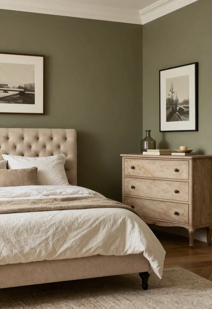 17 Olive Green Accent Wall Bedroom Ideas Earthy and Modern - 13. Classic Neutral 1