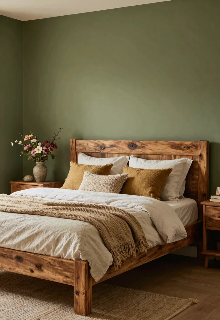 17 Olive Green Accent Wall Bedroom Ideas Earthy and Modern - 14. Rustic Retreat 1