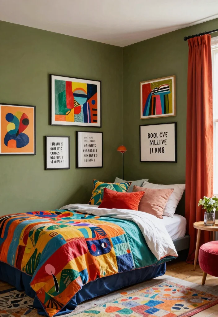 17 Olive Green Accent Wall Bedroom Ideas Earthy and Modern - 15. Artistic Expression 1