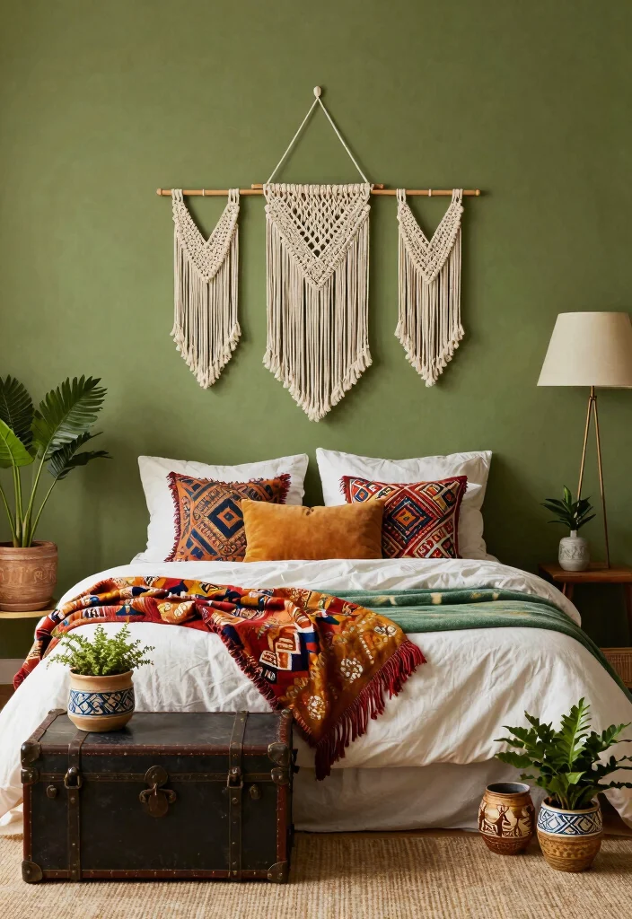 17 Olive Green Accent Wall Bedroom Ideas Earthy and Modern - 3. Bohemian Charm 1
