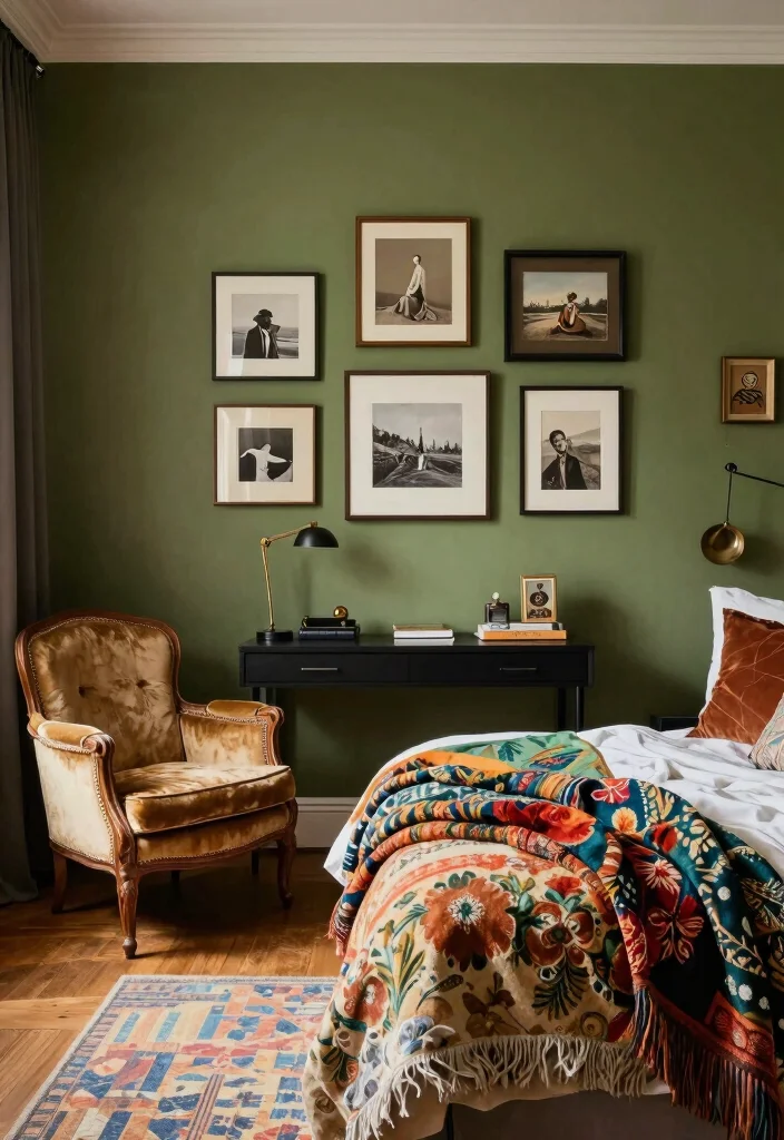 17 Olive Green Accent Wall Bedroom Ideas Earthy and Modern - 6. Vintage Eclectic 1