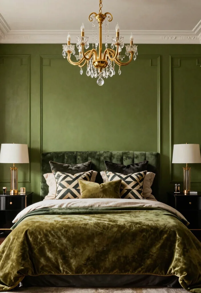 17 Olive Green Accent Wall Bedroom Ideas Earthy and Modern - 8. Art Deco Glam 1