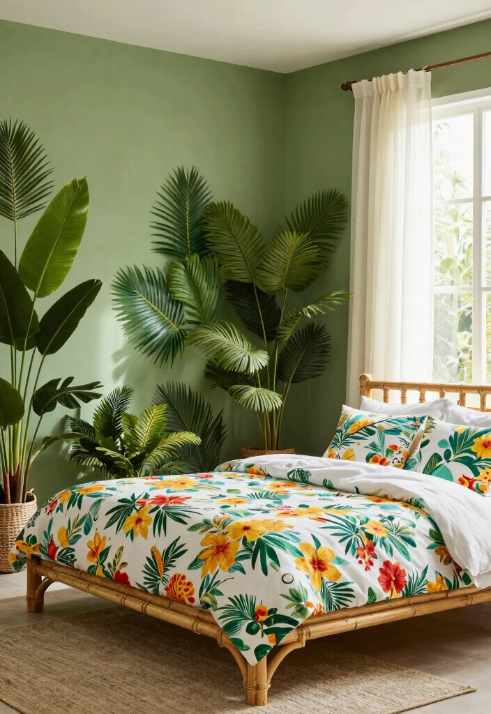 17 Olive Green Accent Wall Bedroom Ideas Earthy and Modern - 9. Tropical Retreat 1