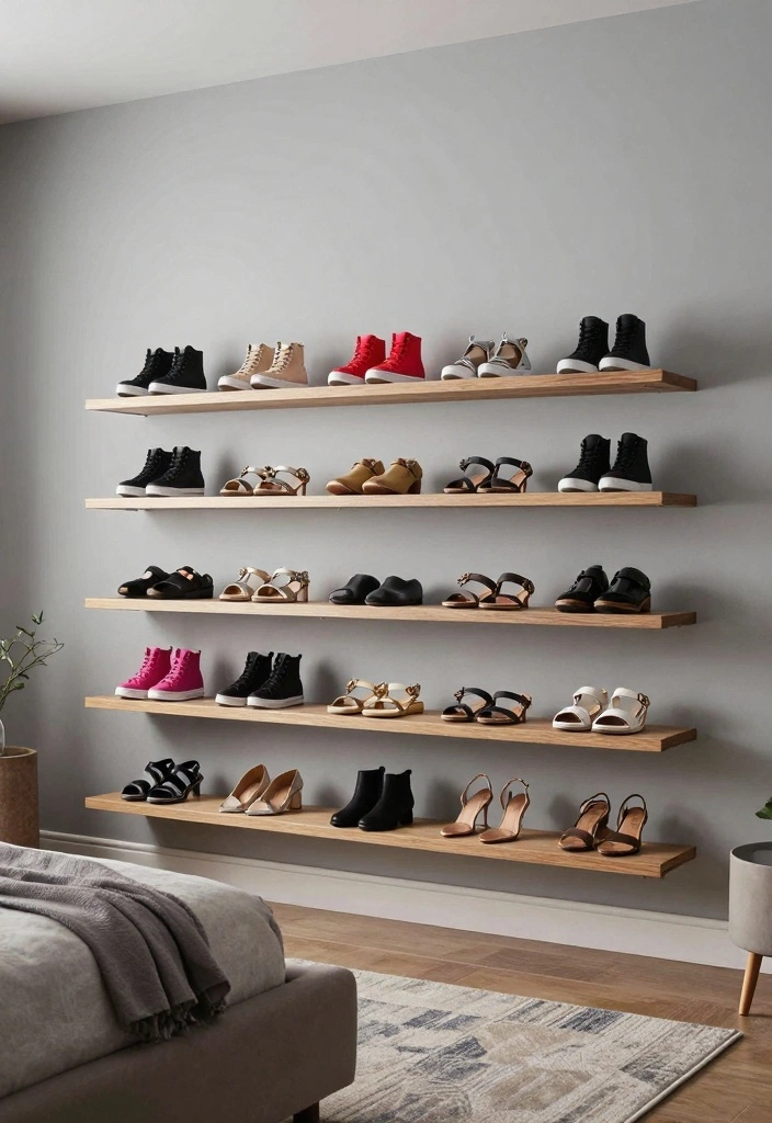 17 Shoe Wall in Bedroom Ideas Organized and Stylish - 1. Floating Shelves for a Modern Touch 1