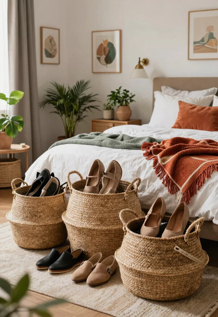17 Shoe Wall in Bedroom Ideas Organized and Stylish - 11. Baskets for a Casual, Boho Vibe 1