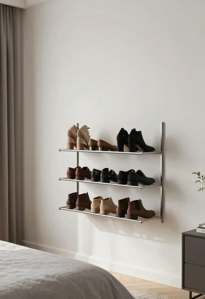 17 Shoe Wall in Bedroom Ideas Organized and Stylish - 12. Wall-Mounted Shoe Racks for Minimalist Chic 1