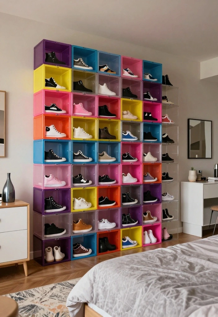 17 Shoe Wall in Bedroom Ideas Organized and Stylish - 13. Modular Shoe Cubes for Custom Arrangements 1