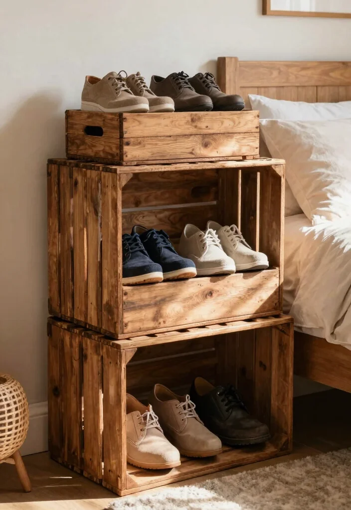 17 Shoe Wall in Bedroom Ideas Organized and Stylish - 14. Vintage Crates for Quirky Appeal 1