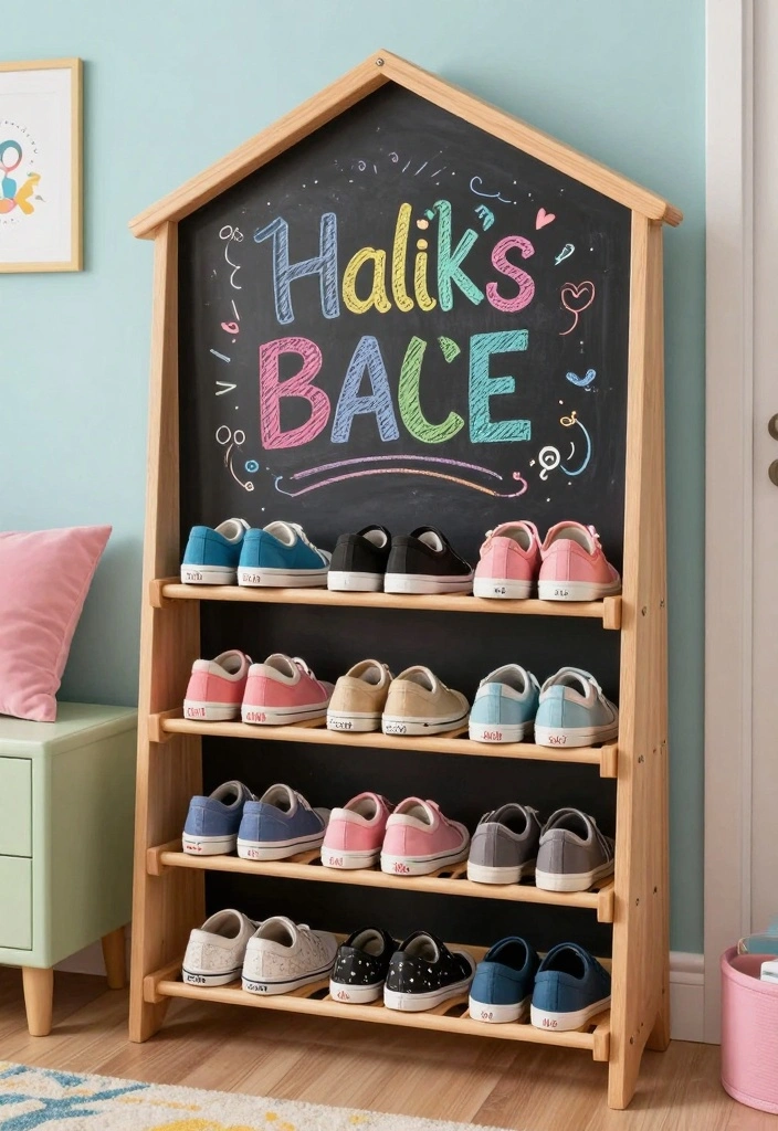 17 Shoe Wall in Bedroom Ideas Organized and Stylish - 15. Chalkboard Shoe Rack for Fun Labels 1