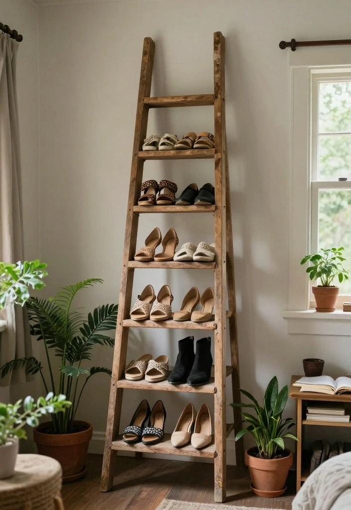 17 Shoe Wall in Bedroom Ideas Organized and Stylish - 2. Repurposed Ladder for Rustic Charm 1