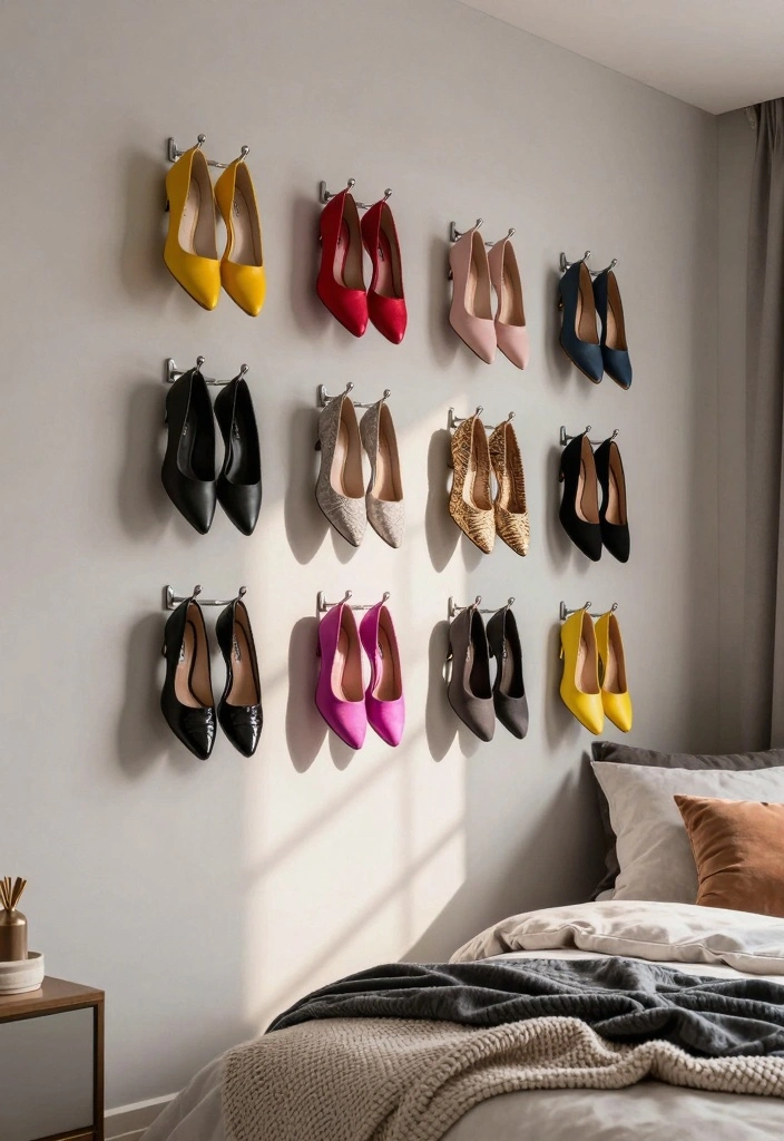 17 Shoe Wall in Bedroom Ideas Organized and Stylish - 3. Wall-Mounted Hooks for Easy Access 1