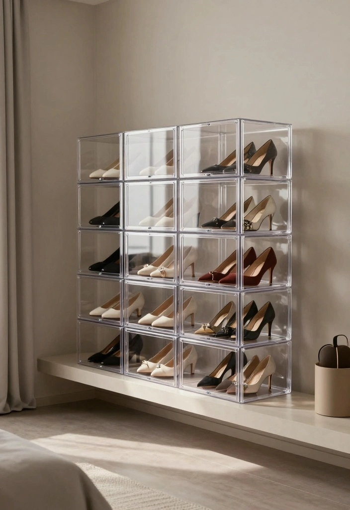 17 Shoe Wall in Bedroom Ideas Organized and Stylish - 5. Clear Acrylic Boxes for a Chic Display 1
