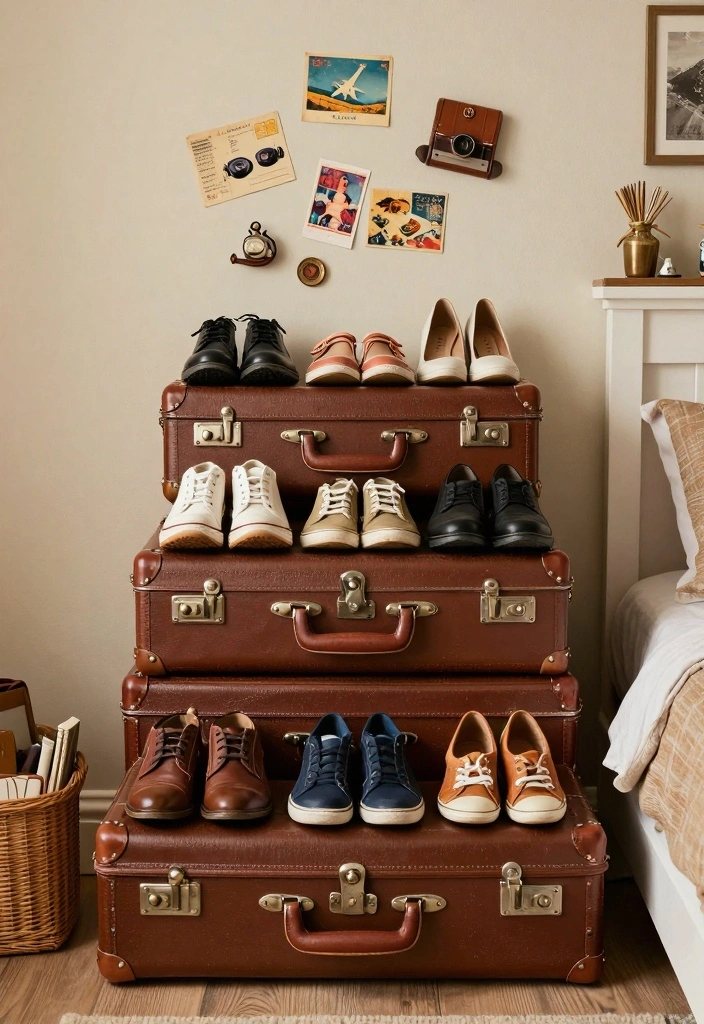 17 Shoe Wall in Bedroom Ideas Organized and Stylish - 6. Vintage Suitcase Storage for a Unique Touch 1