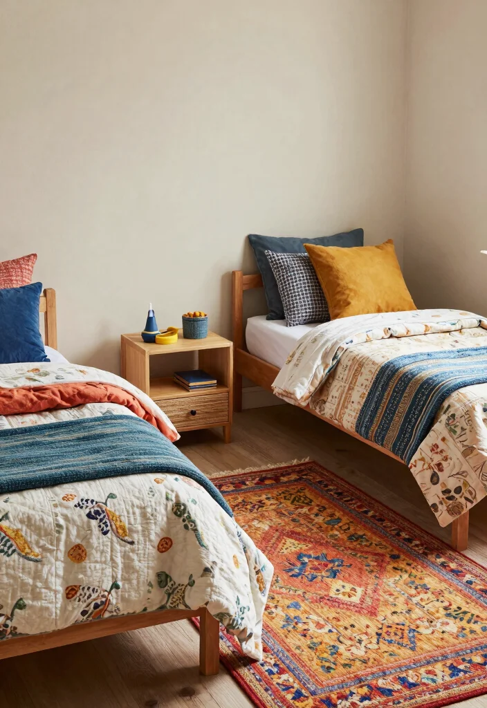 17 Small Shared Kids Bedroom Ideas Functional and Cute - 15. Layered Textiles 1