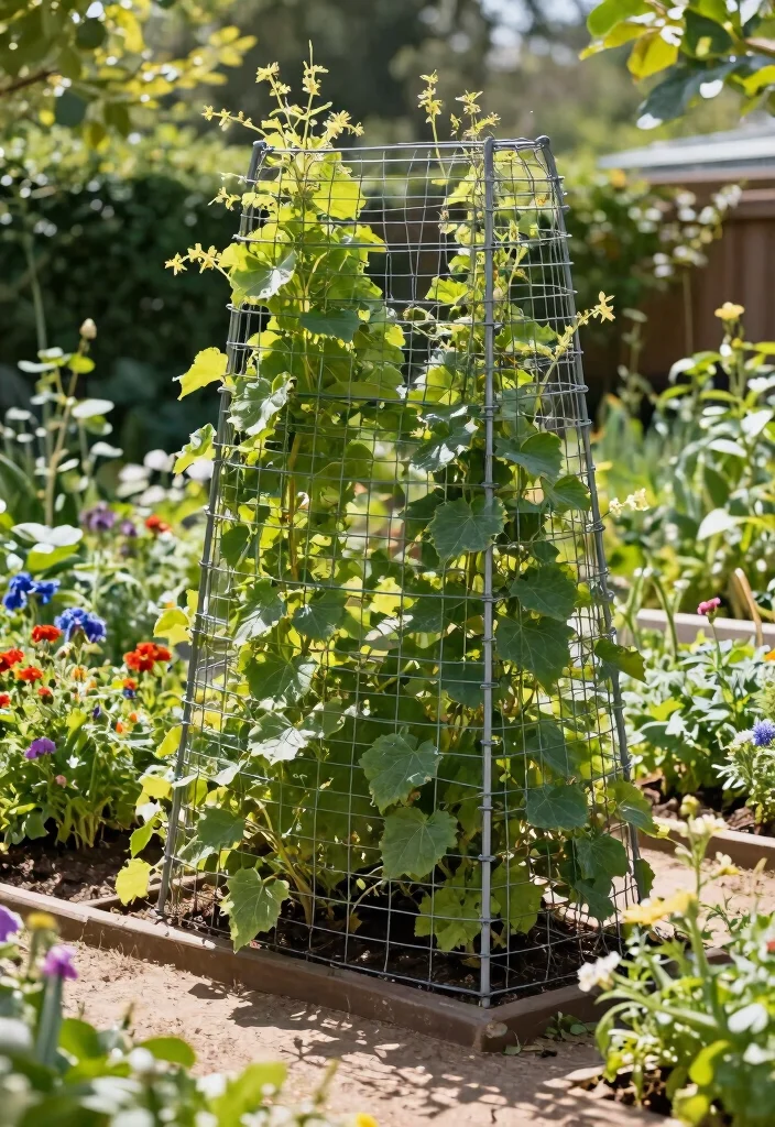 12 Garden Bed With Trellis Ideas That Support Heavy Vines - 10. Expanding Mesh Trellis for Strong Support 1
