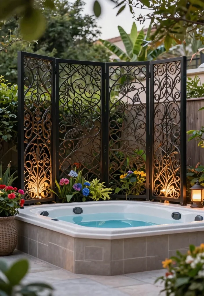 12 Jacuzzi Outdoor Ideas That Stay Private From Neighbors - 10. Decorative Privacy Screens 1