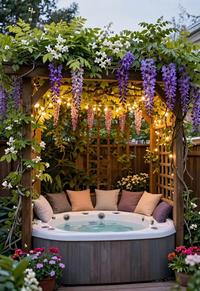 12 Jacuzzi Outdoor Ideas That Stay Private From Neighbors - 4. Garden Trellis with Vines 1