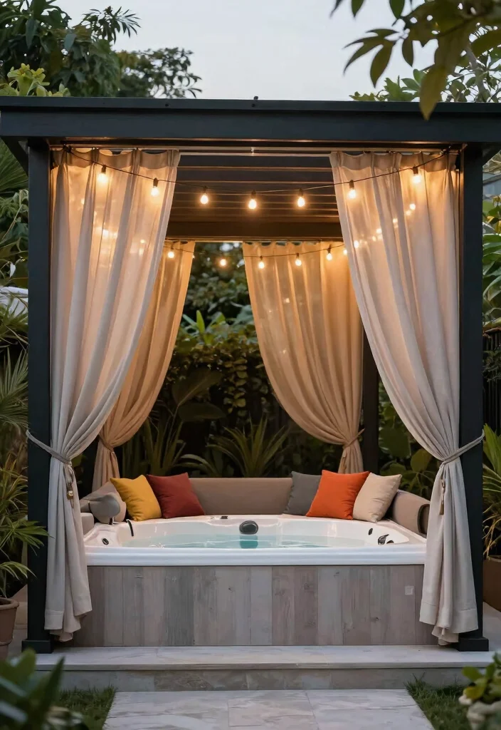 12 Jacuzzi Outdoor Ideas That Stay Private From Neighbors - 5. Pergola with Privacy Curtains 1