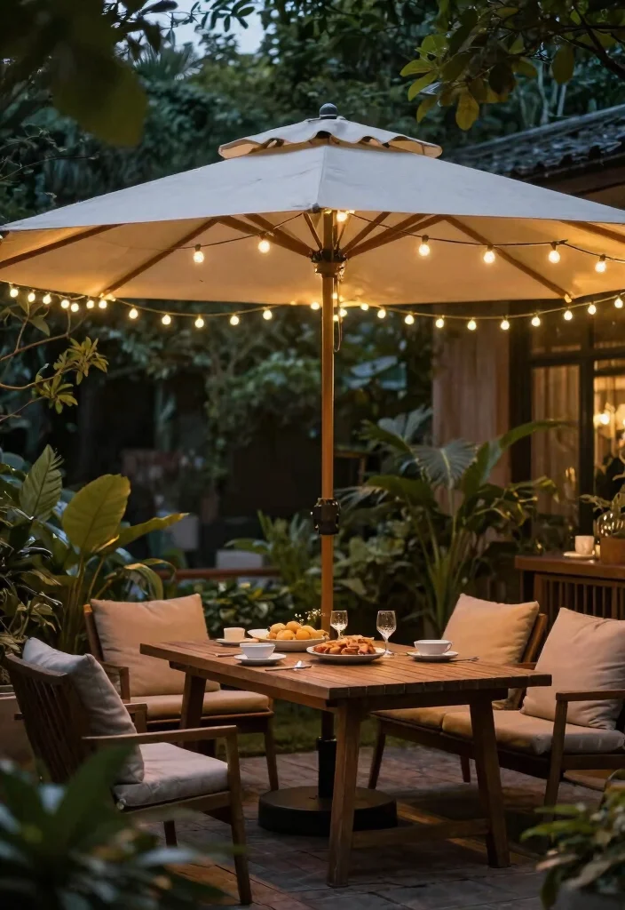 12 Outdoor Sunshade Ideas for Spaces Without Built-In Cover - 8. Umbrella Stand with String Lights 1