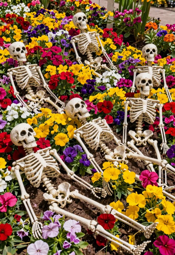 12 Skeleton Decorations Outdoors That Stay Standing in High Wind - 10. Miniature Skeletons for Flower Beds 1