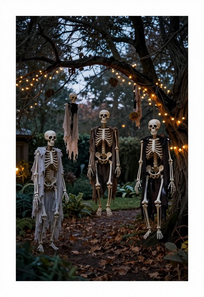 12 Skeleton Decorations Outdoors That Stay Standing in High Wind - 3. Hanging Skeletons from Trees 1