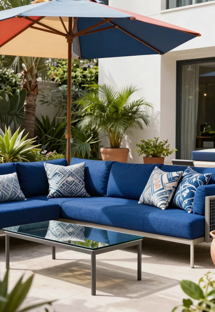 14 Blue Patio Decor Ideas That Feel Fresh Without Going Nautical - 1. Bold Blue Outdoor Sofa 1