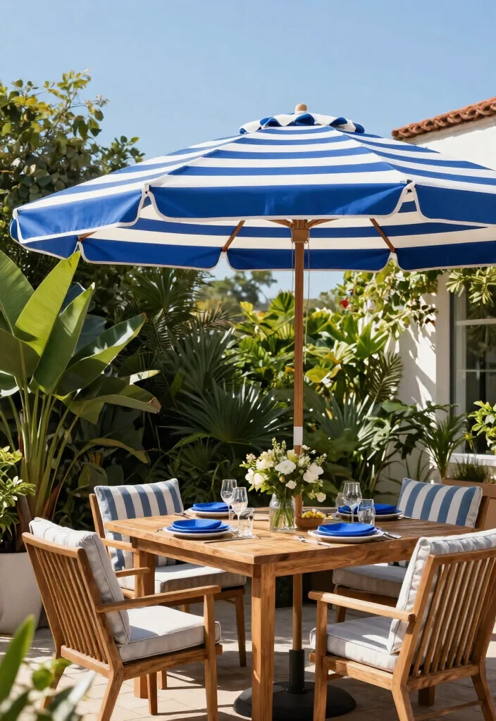 14 Blue Patio Decor Ideas That Feel Fresh Without Going Nautical - 2. Blue and White Striped Umbrella 1