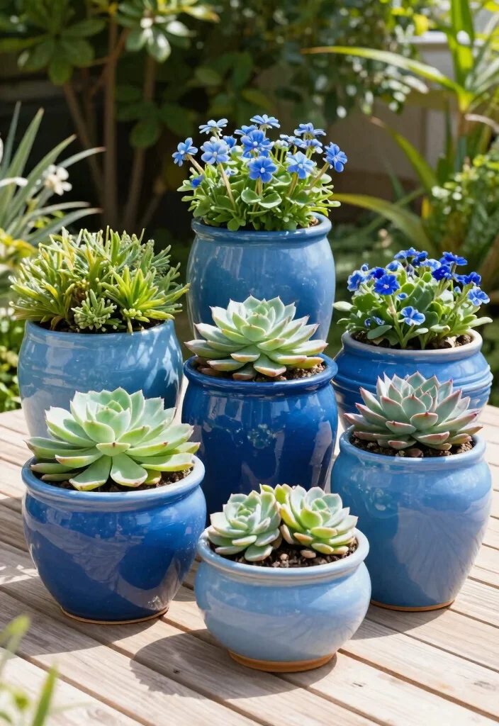14 Blue Patio Decor Ideas That Feel Fresh Without Going Nautical - 3. Coastal Blue Planters 1