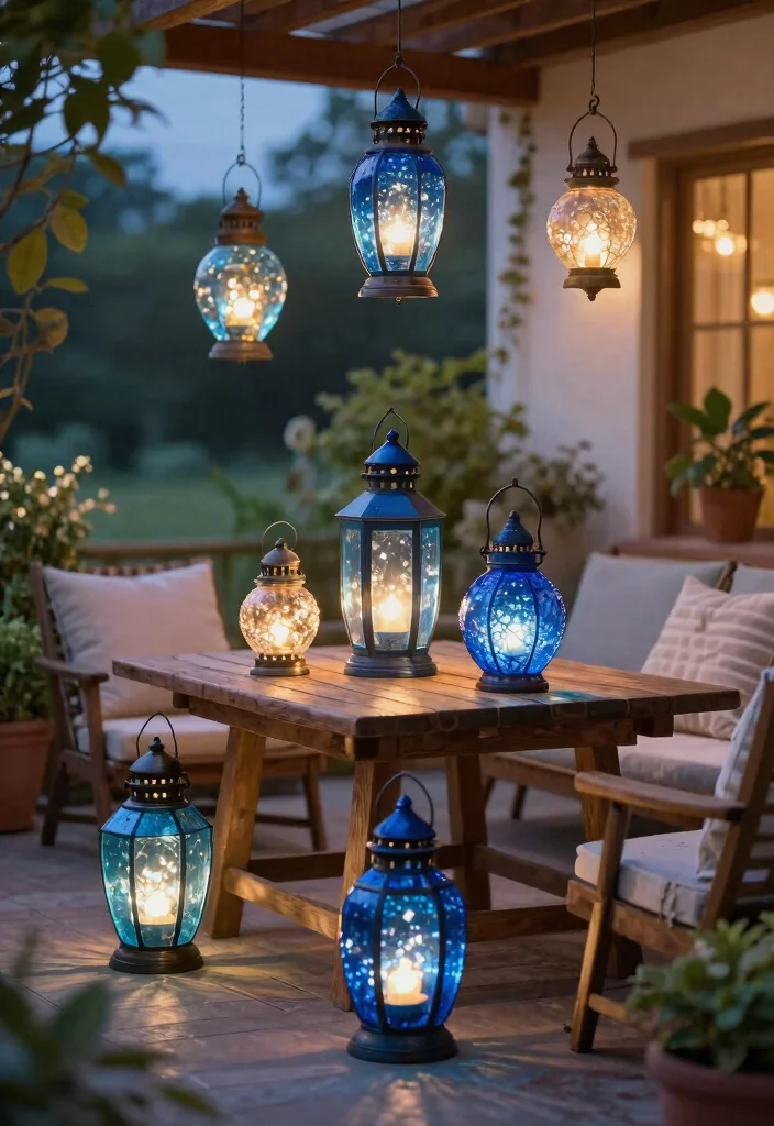 14 Blue Patio Decor Ideas That Feel Fresh Without Going Nautical - 8. Blue Glass Lanterns 1