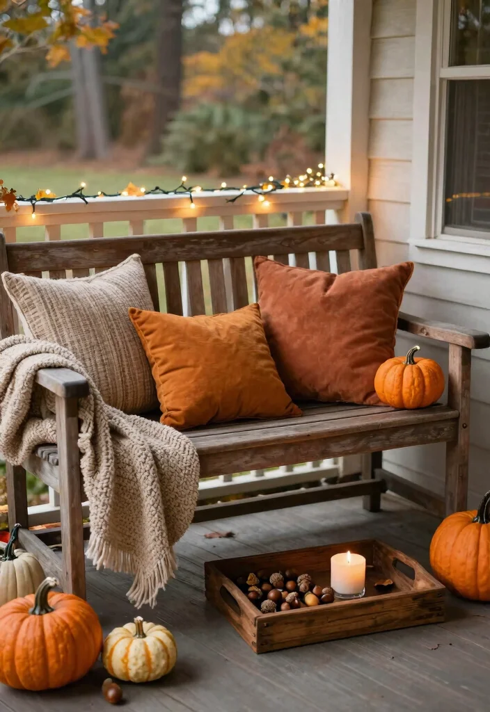 14 Fall Front Porch Decor Ideas That Work for Small Entries - 1. Cozy Bench with Seasonal Pillows 1