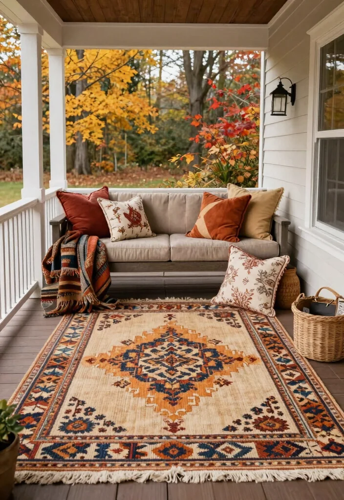 14 Fall Front Porch Decor Ideas That Work for Small Entries - 13. Layered Rugs for Warmth 1