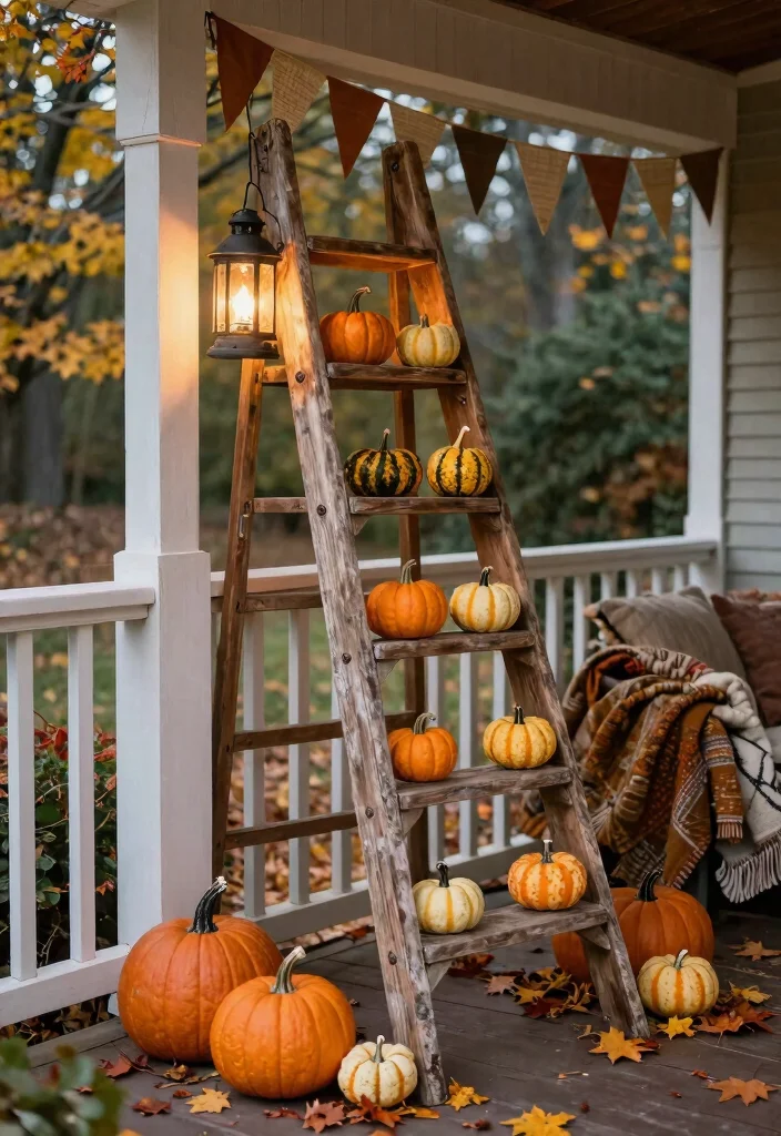14 Fall Front Porch Decor Ideas That Work for Small Entries - 5. Rustic Ladder Display 1