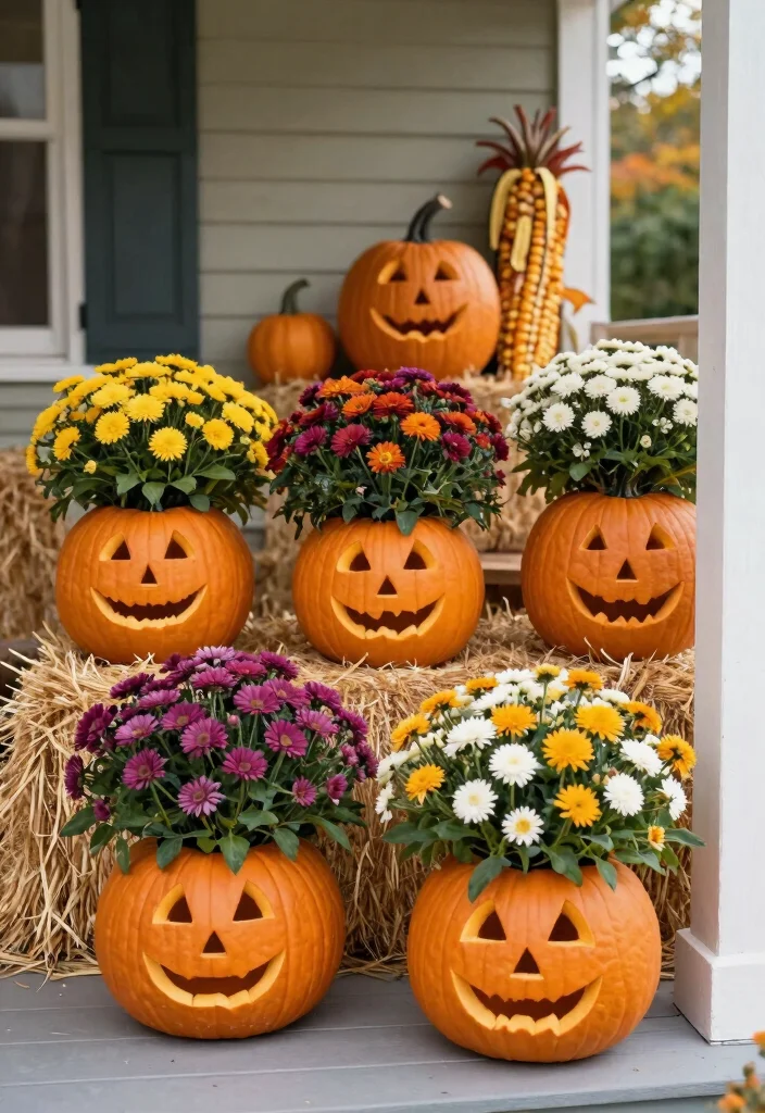 14 Fall Front Porch Decor Ideas That Work for Small Entries - 6. DIY Pumpkin Planters 1
