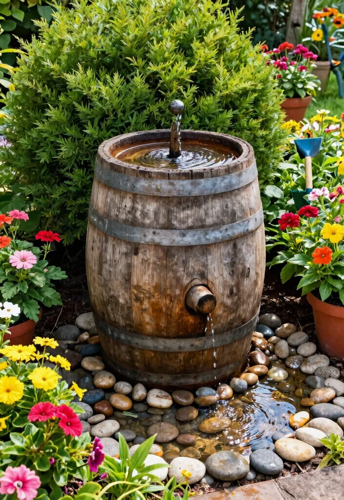 15 Backyard Fountain Ideas That Don't Need Electric or Plumbing - 1. Rustic Wooden Barrel Fountain 1