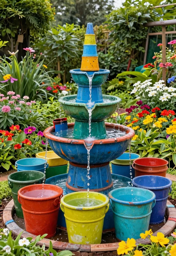 15 Backyard Fountain Ideas That Don't Need Electric or Plumbing - 15. Fountain with Recycled Materials 1
