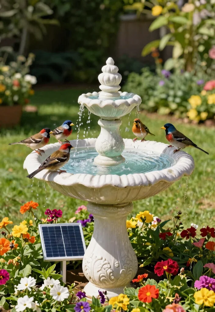 15 Backyard Fountain Ideas That Don't Need Electric or Plumbing - 2. Solar-Powered Bird Bath Fountain 1