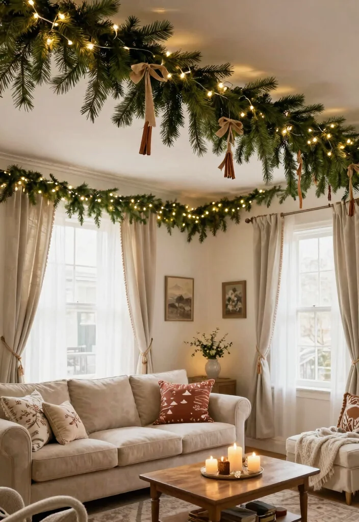 15 Christmas Ceiling Decorations Ideas for Rooms With Low Ceilings - 1. Hanging Evergreen Swags 1