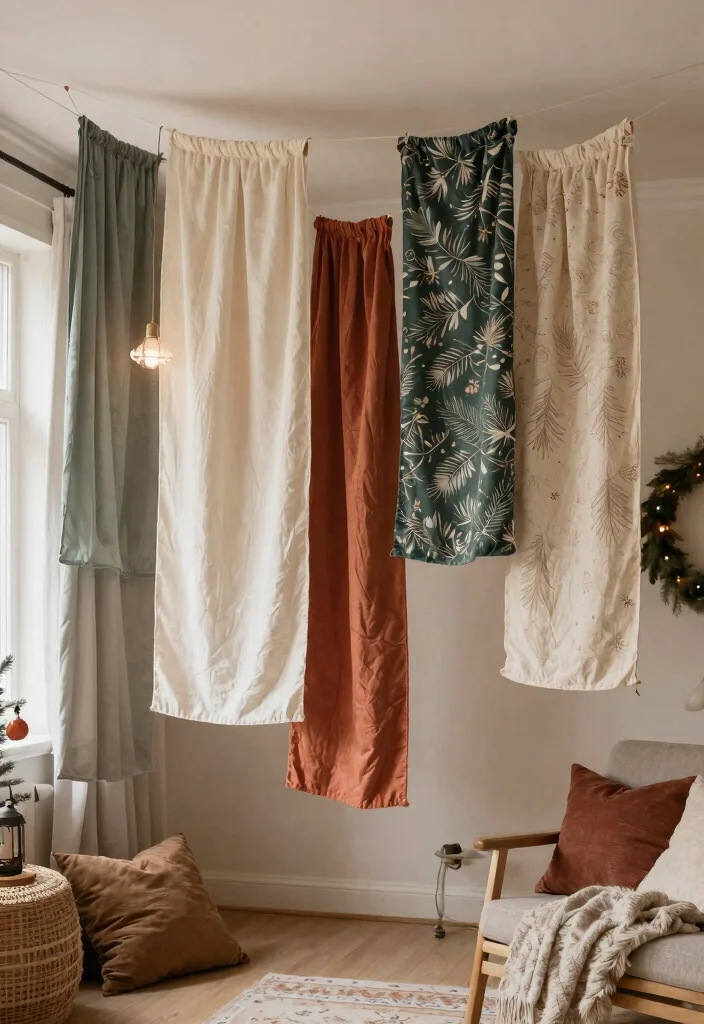 15 Christmas Ceiling Decorations Ideas for Rooms With Low Ceilings - 11. Seasonal Fabric Hangings 1