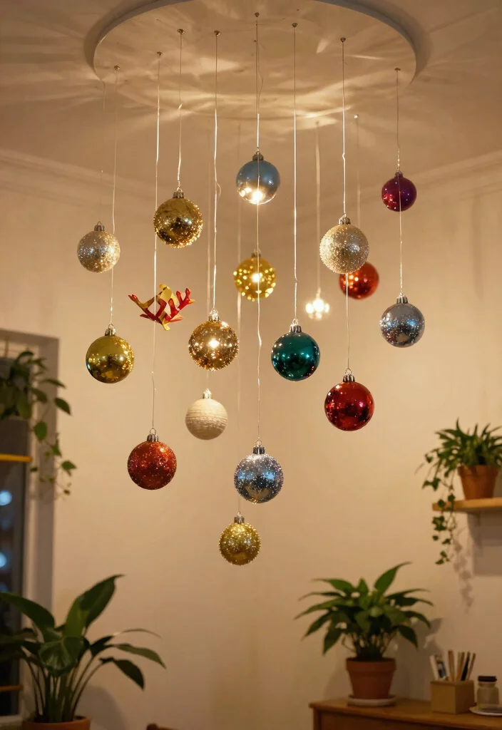 15 Christmas Ceiling Decorations Ideas for Rooms With Low Ceilings - 3. Floating Ornament Displays 1