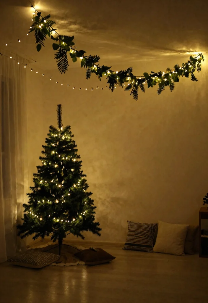 15 Christmas Ceiling Decorations Ideas for Rooms With Low Ceilings - 6. String Lights and Greenery 1